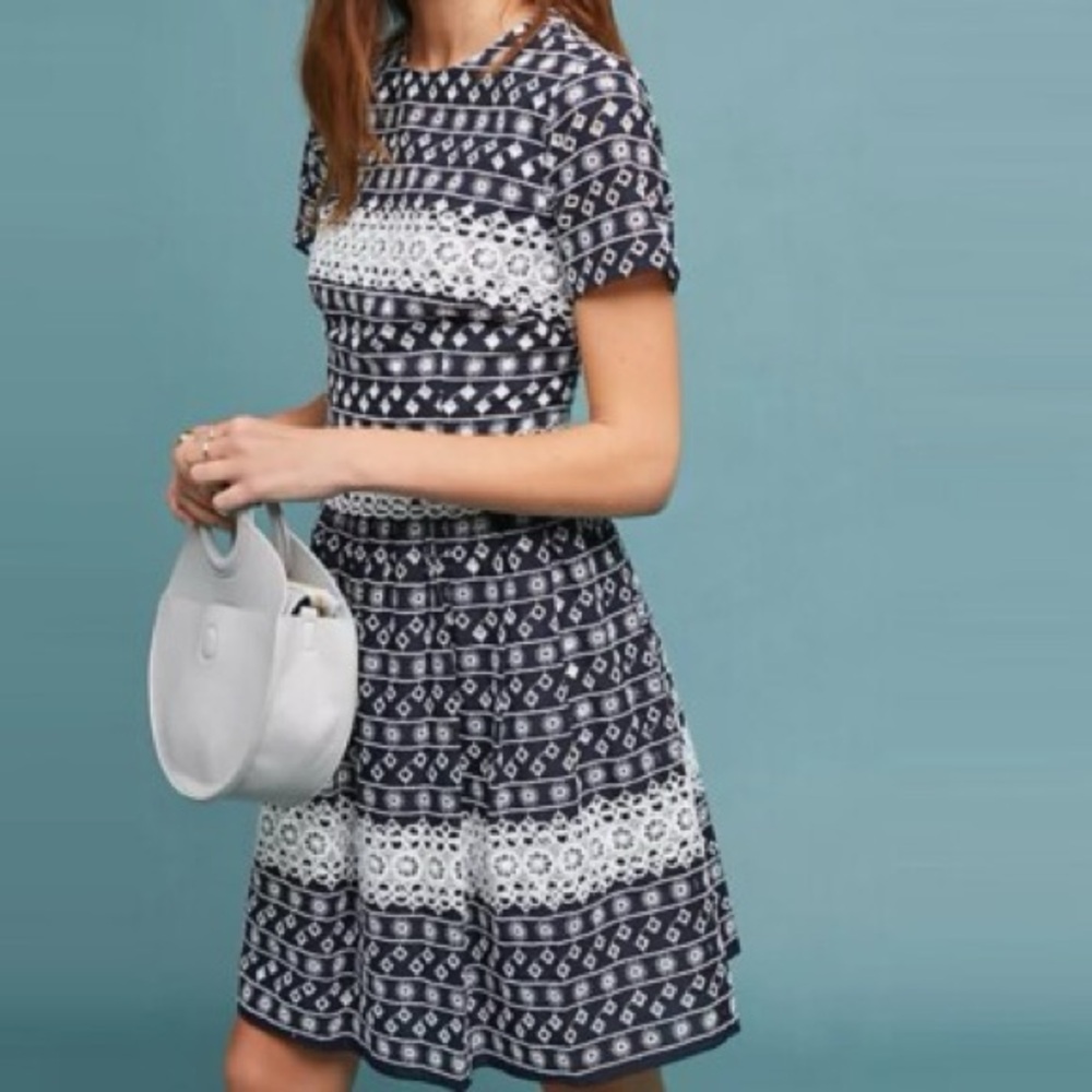 Monique Lhuillier x Anthropologie Navy Printed Fit & Flare Dress Size 12
